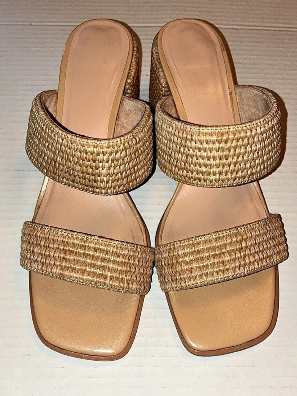 Woven Double-Band Heeled Sandals in Brown